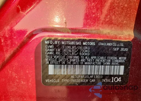 2020 Mitsubishi Mirage G4 Se из США, поврежденный, VIN ML32F4FJ1LHF13011